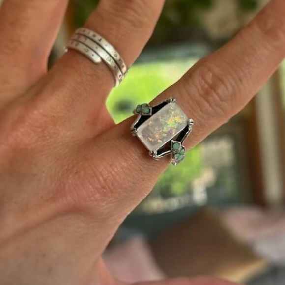 RESTOCK New Vintage Style Fire Opal Rectangular Cocktail Ring -Silver Opal Retro - Picture 13 of 16